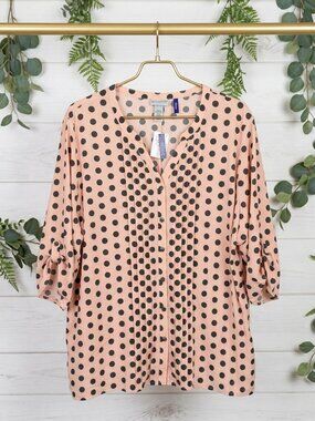 NWT Catherines Plus 3XWP Petite Pink Gray Polka Dot Tunic Top Roll Tab Sleeve